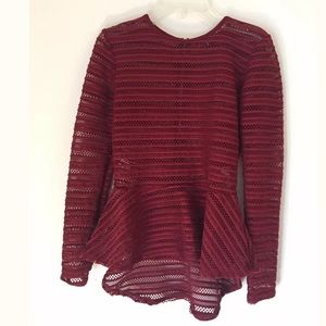 Burgundy Peplum Party Top Blouse Zipper Stretchy